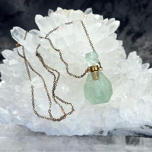 Antique Fluorite Perfume Bottle Gold Necklace Hand carved Gemstone